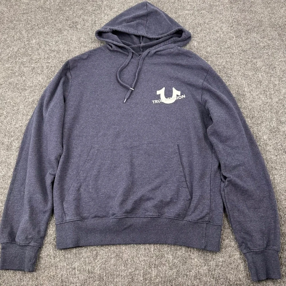 True Religion Hoodie Mens Medium Logo Graphic Navy Blue Modern Casual